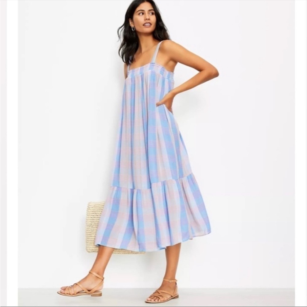 NWT Ann Taylor LOFT Dress Plaid Smocked Pocket Midi Sun Gauzy Rayon Spring Small